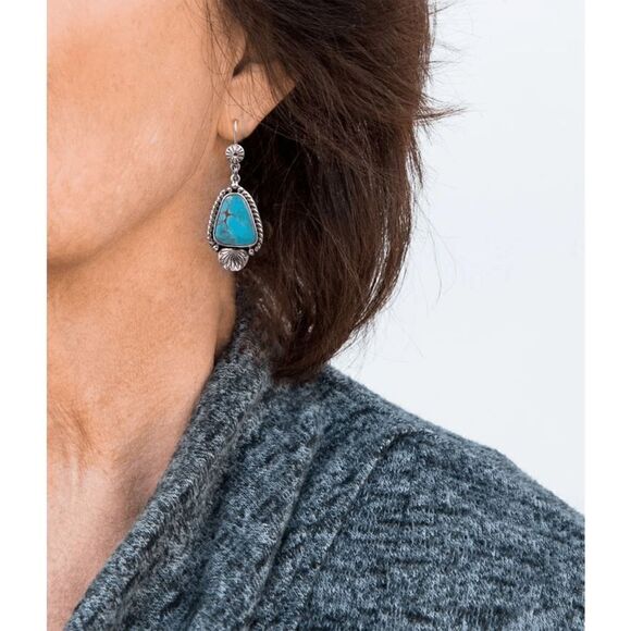 SILVER TURQUOISE WESTERN BOHO TRIBAL DANGLE EARRINGS - Picture 2 of 3